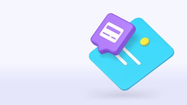 Ticareti, perakende işlemlerini, ödeme sistemlerini, iş hizmetlerini ve e-ticaret finans araçlarını temsil eden mor kart ve mavi etiket simgesi. 3d gerçekçi simge kopyalama alanı vektör illüstrasyonuName