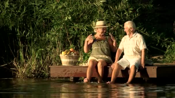 Pary staruszków siedzi nad jeziorem. — Wideo stockowe