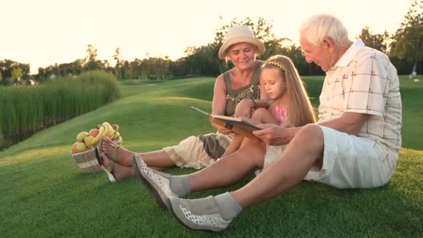 屋外の祖父母と一緒に座っている孫娘. — ストック動画