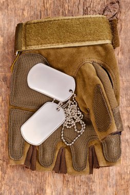 Köpek Etiketler üzerinde askeri parmaksız eldiven.