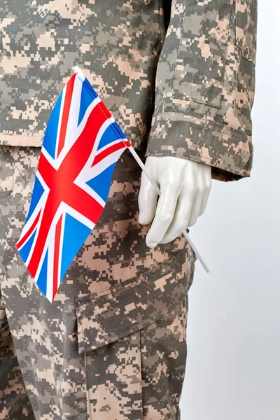 Mannequin in army uniform with british flag, close up.