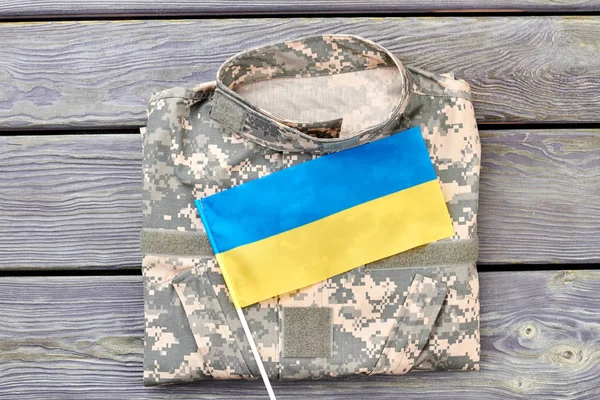 Камуфляжная куртка и украинский флаг на дереве . — стоковое фото