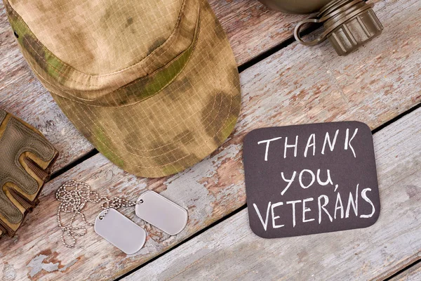 Gorra militar de color caqui y etiquetas para perros, vista superior . — Foto de Stock