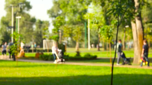 Parque con gente caminando en el parque en desenfoque . — Vídeos de Stock