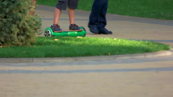 Ride on green gyroscooter in a park. — Stock Video