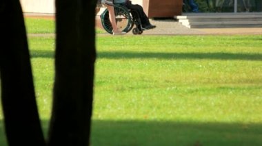 Parkta Engelli kişi sürme tekerlekli sandalye.