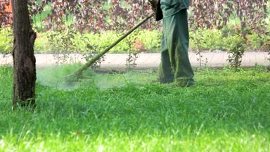 İşçi bir dize Çim düzeltici biçme kesme çim ile.