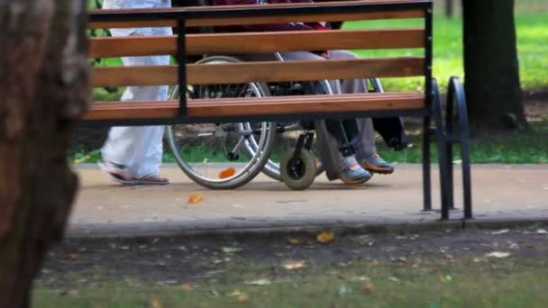 Disabled person pushing by someone behind. — Stock Video
