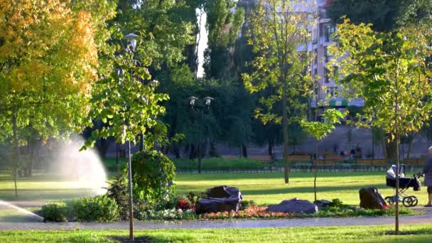 2017 ウクライナ キエフ 都市公園を歩いて人々 水スプリンクラー注ぐ草 植物および舗装 — ストック動画