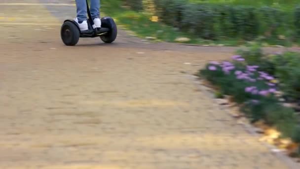 Gyroscooter rijden op keien. — Stockvideo