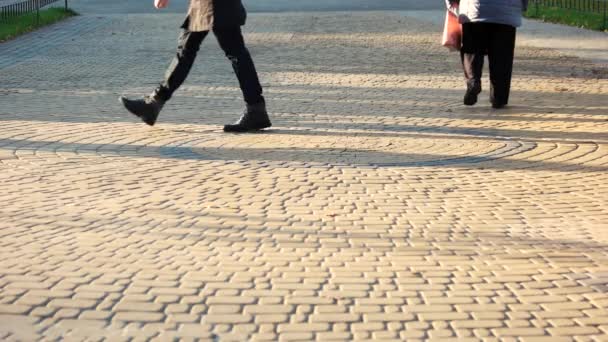 Mensen lopen op de stoep van de cubblestone. — Stockvideo