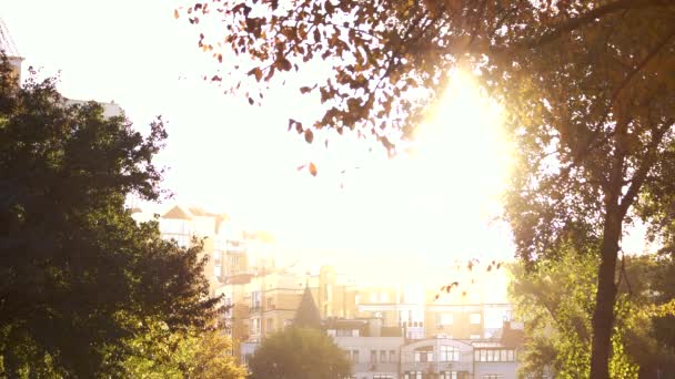 Soleil brillant au-dessus des bâtiments de la ville . — Video