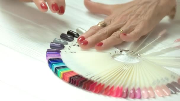 Mãos bem preparadas e paleta de cores de unhas . — Vídeo de Stock