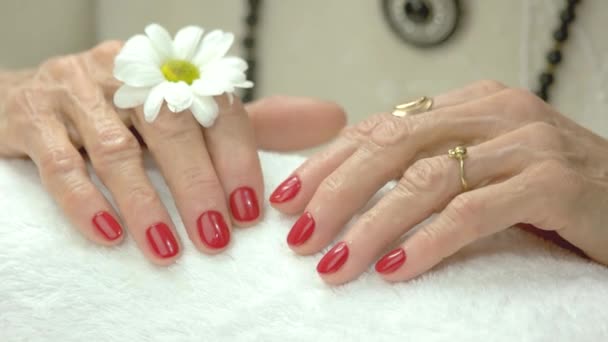 Mani donna con crisantemo dopo spa . — Video Stock