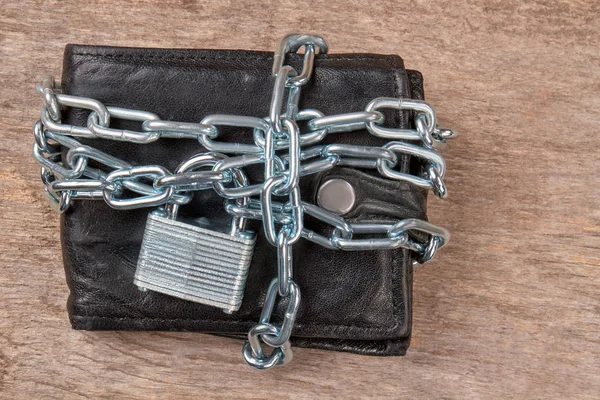 Black leather wallet locked with chain.