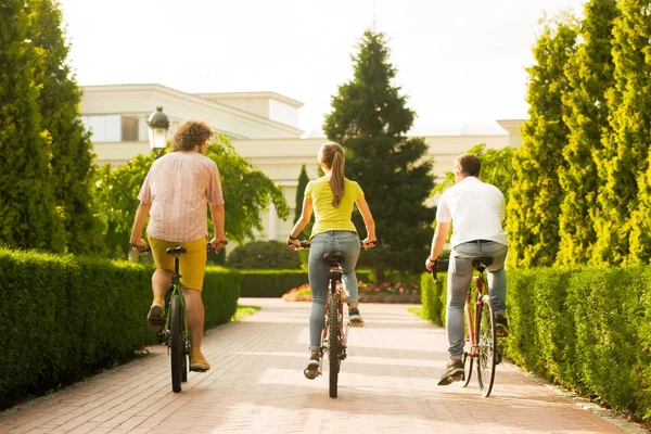Jonge mensen paardrijden fietsen, achteraanzicht. — Stockfoto