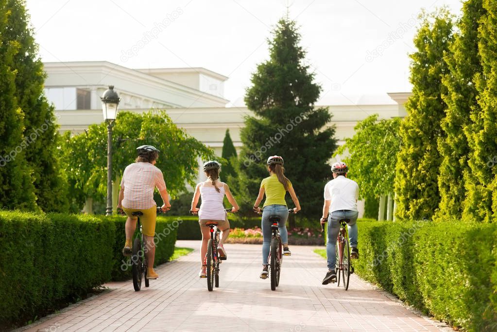 Group of people riding bicycles, rear view.