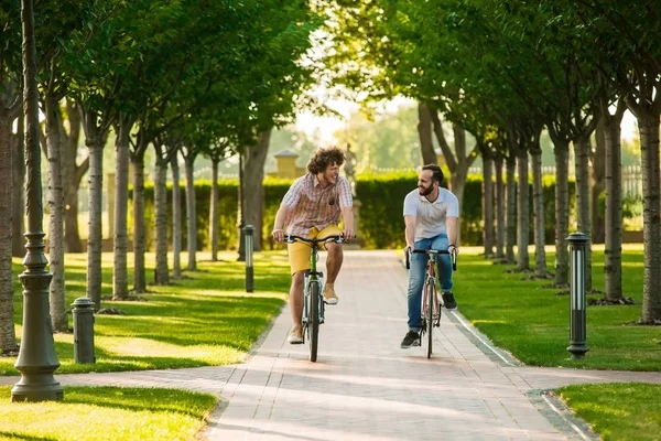 Twee mannelijke vrienden paardrijden fietsen in park. — Stockfoto