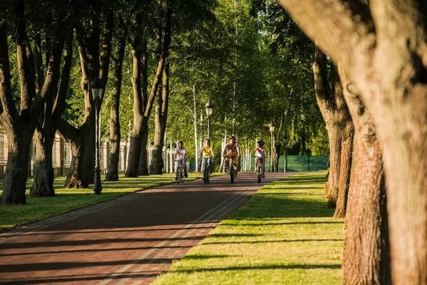 Vrienden genieten van paardrijden fietsen. — Stockfoto