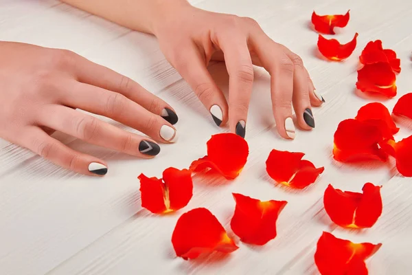 Gepflegte Hände und rote Blütenblätter. — Stockfoto