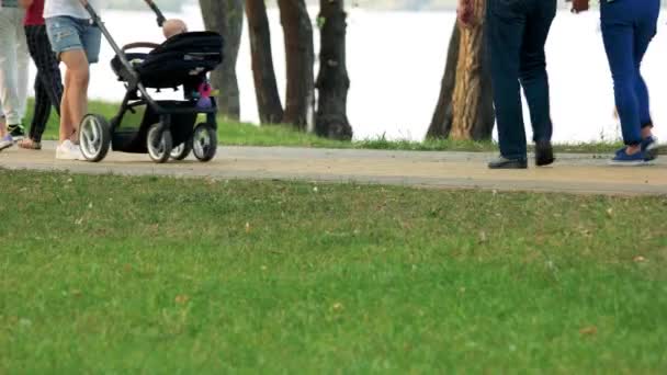 Carruagem de bebê e bicicleta no parque da cidade . — Vídeo de Stock