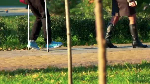 Homme marchant avec des béquilles dans le parc . — Video