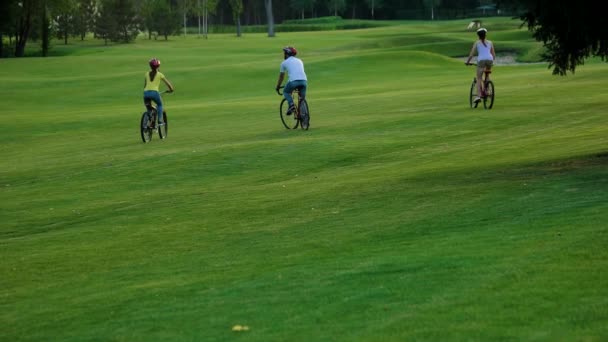 Grupp vänner ridning cyklar på grönt gräs. — Stockvideo