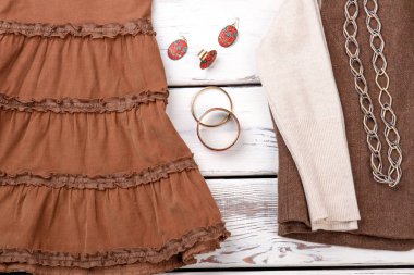 Bayan sonbahar giyim ve aksesuarları, kapat.