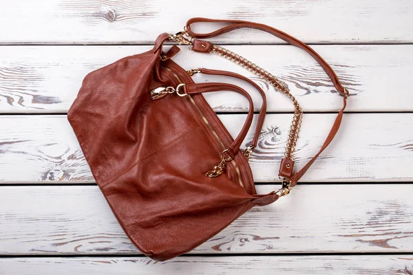 Flat lay brown leather purse. — Stock Photo, Image