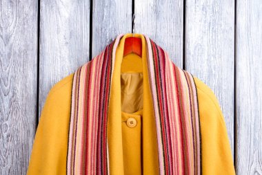 Yün atkı üzerinde sarı ceket.