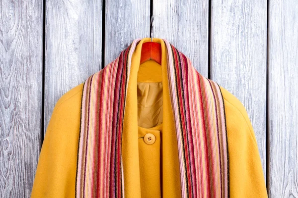 Yün atkı üzerinde sarı ceket.