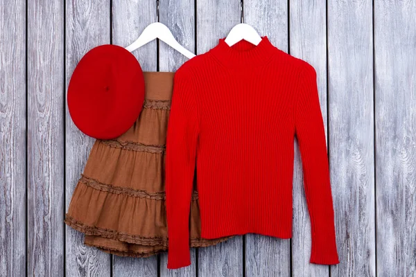 Bayan kış giyim ile şapka ve askılar.