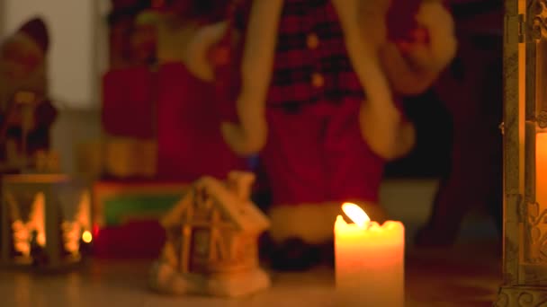 White vintage lantern and burning candles. — Stock Video