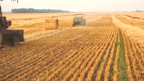 Tractor and harvester combiner on the field. — Stock Video