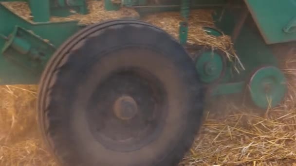 Fermer Tracteur Avec Paille Les Roues Tracteur Sur Immense Terrain — Video