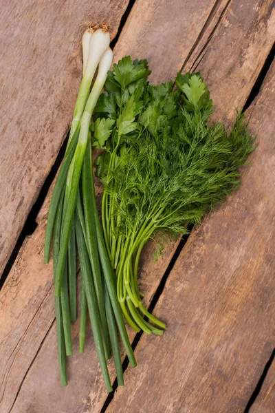 Green Onion Parsley Dill Top View Old Vintage Wooden Desk — Stock Photo, Image