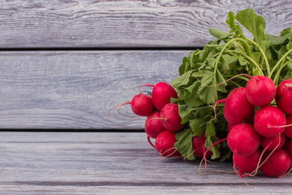 Ripe radishes on wood and space for text.