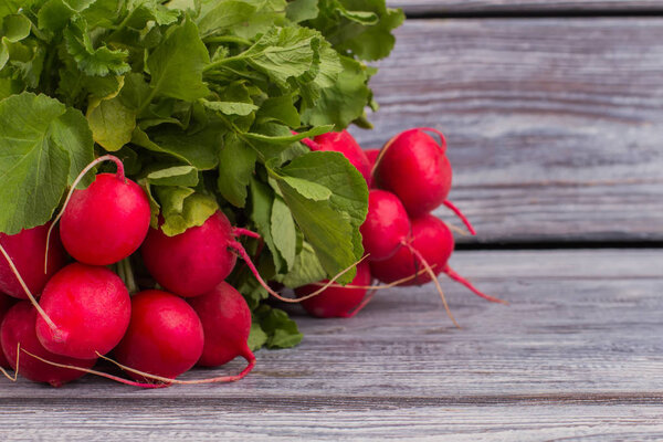 Fresh radishes on old wooden table.