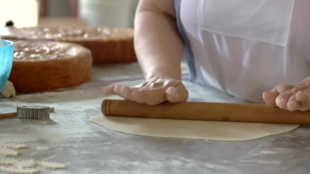 Baker rueda la masa con rodillo . — Vídeo de stock