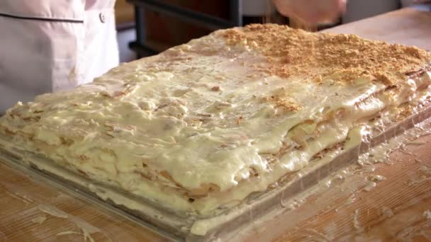 Chef sprinkles biscuit crumbs on napoleon cake. — Stock Video