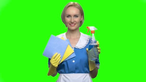 Cleaning woman shows bottle spray and napkins. — Stock Video