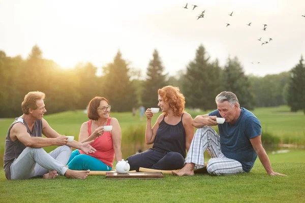 Happy cheerful people on outdoor tea party. — Stock Photo, Image