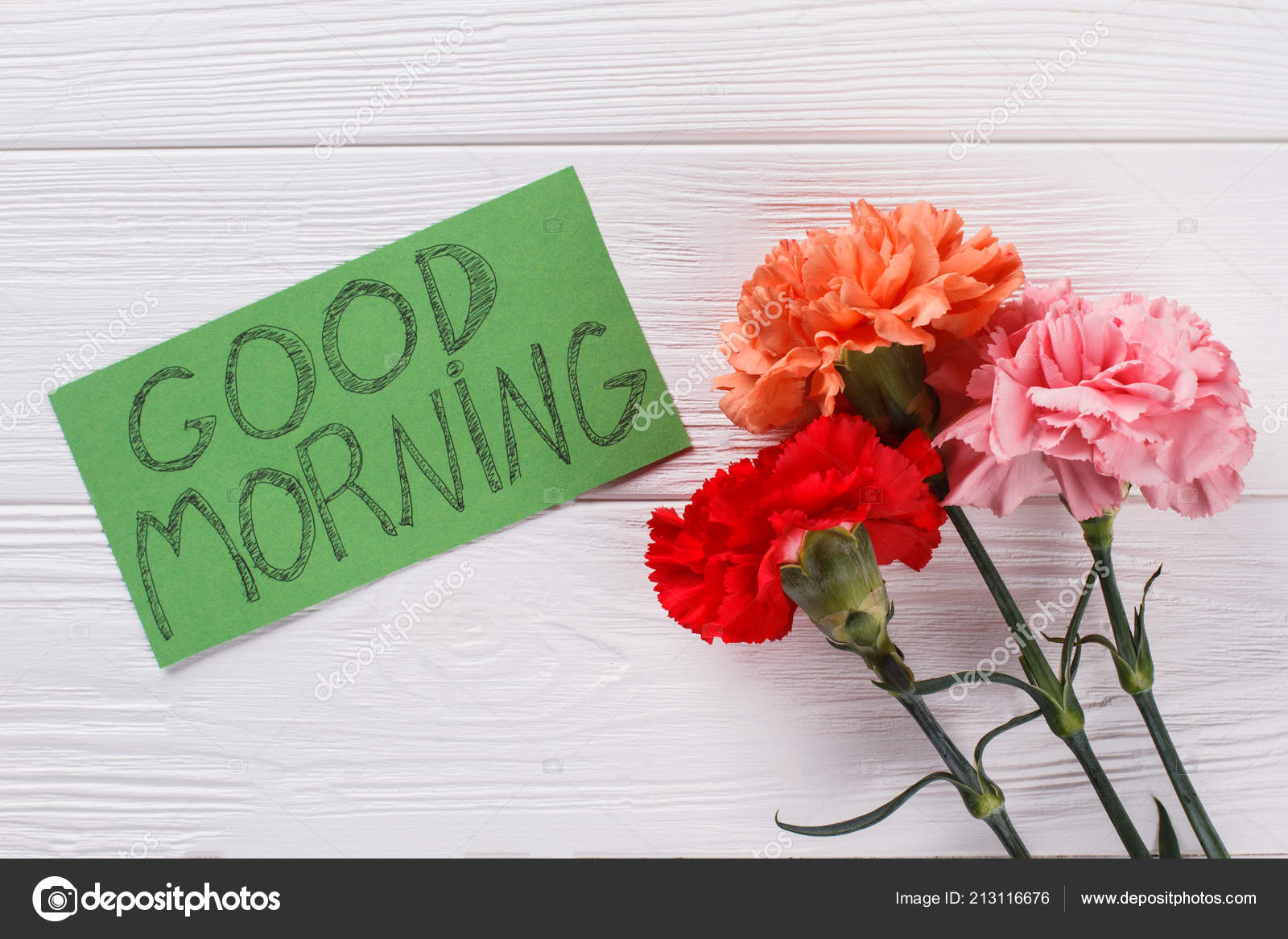 Good Morning Wish Note And Colorful Carnation Flowers Stock Photo