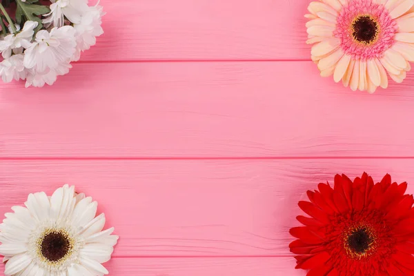 Flores de manzanilla y gerberas sobre madera . — Foto de Stock