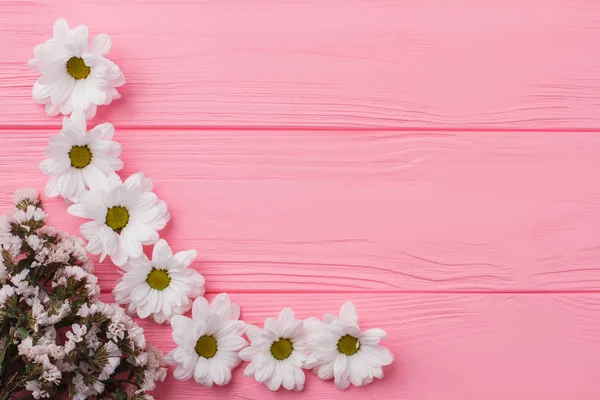 Composición de manzanilla blanca y flores statice en madera . — Foto de Stock