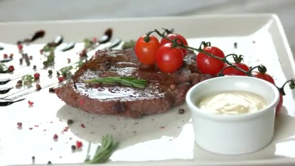 Ribeye Steak Madagascar Pepper Sauce Roasted Meat Close — Stock Video