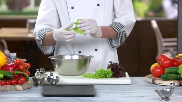 Chef-kok voorbereiding salade, keukentafel. — Stockvideo