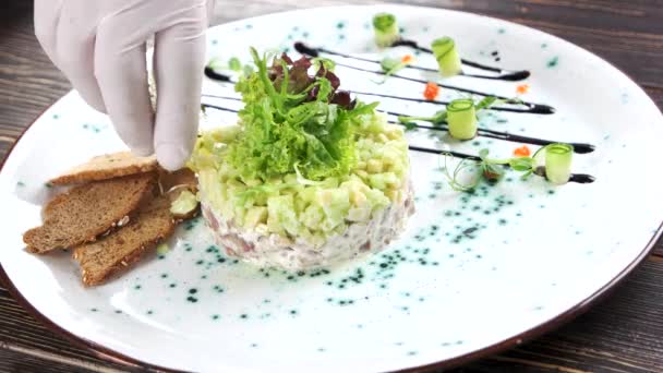 Herring tartare close up. — Stock Video