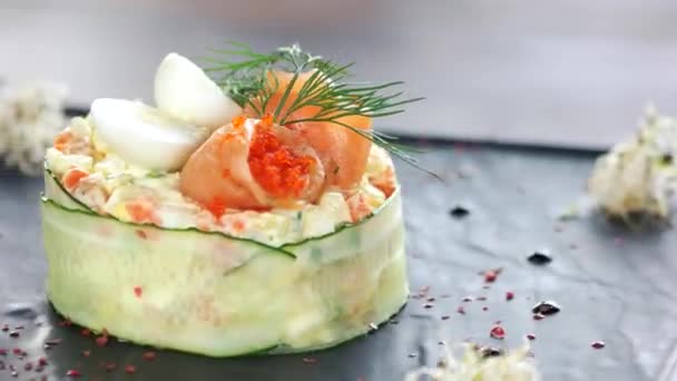 Garnished olivier salad close up. — Stock Video