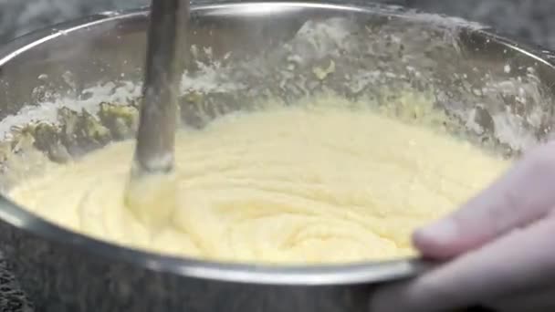 Whipping dough by hand, close up. — Stock Video